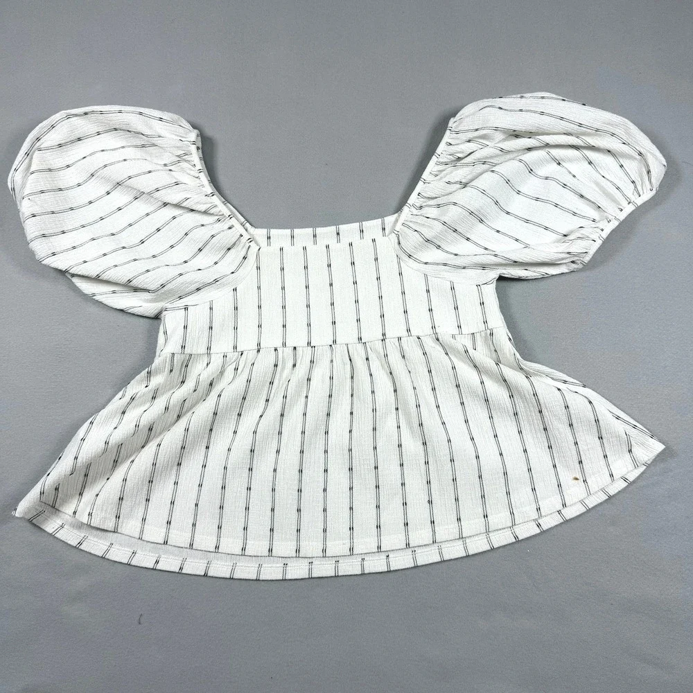 Madewell White Black Striped Puff Sleeve Peplum Top Square Neck Blouse Small